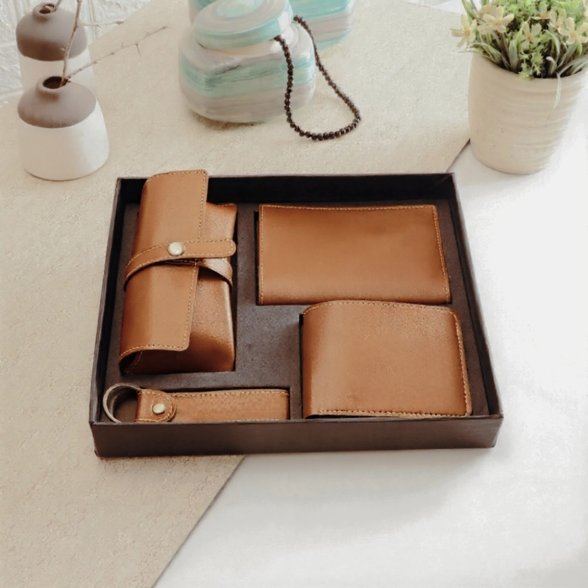 SET OF 4 TAN COLOR CUSTOMIZED WALLET, KEYCHAIN, PASSPORT COVER AND SPEC COVER