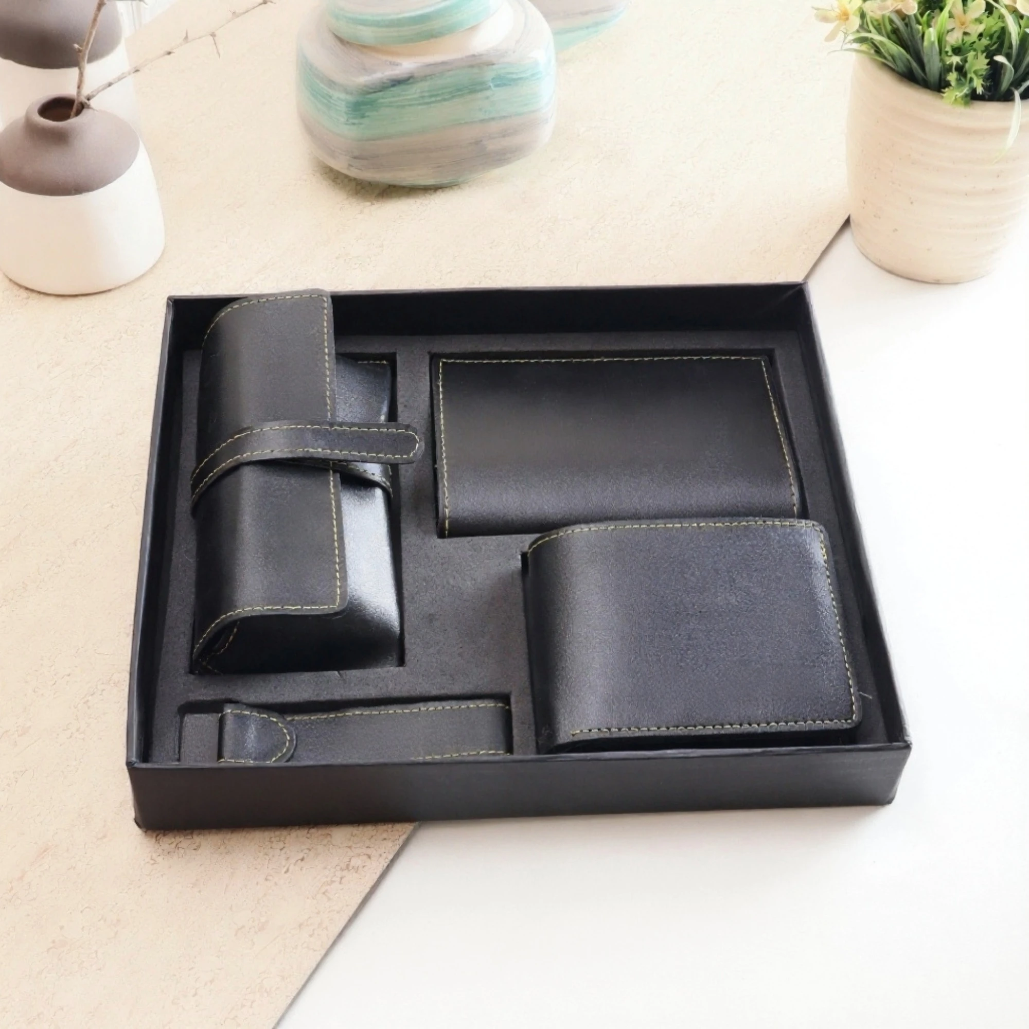 SET OF 4 BLACK COLOR CUSTOMIZED WALLET, KEYCHAIN, PASSPORT COVER AND SPEC COVER