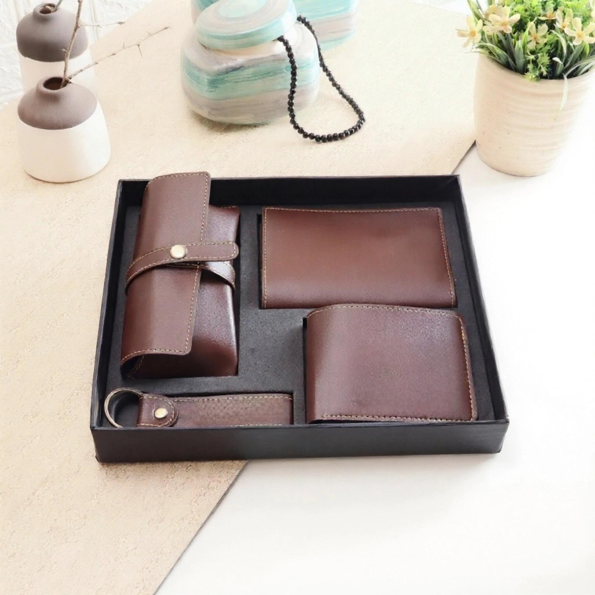 SET OF 4 BROWN COLOR CUSTOMIZED WALLET, KEYCHAIN, PASSPORT COVER AND SPEC COVER