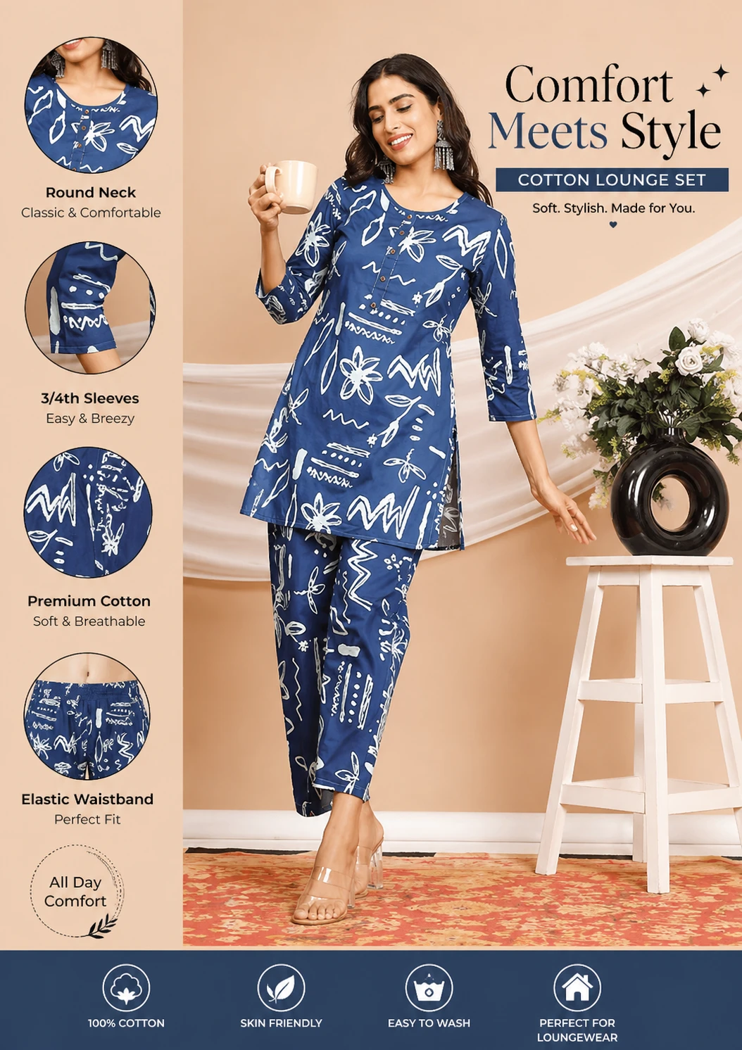 Cotton Co-ord Printed Blue Kurta & Pant Set for Women