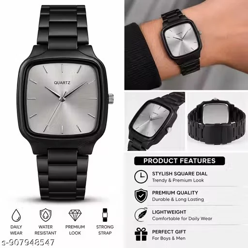Premium Black Matte Finish Square Dial Wrist Watch for Men