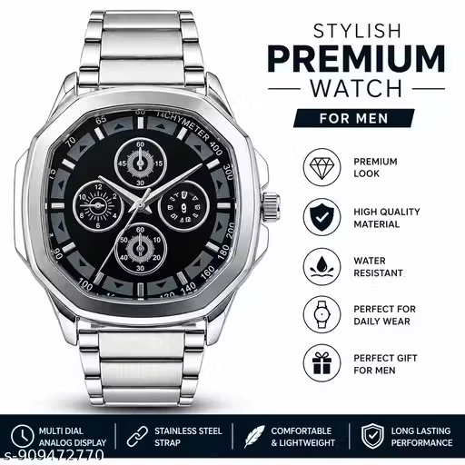 Men's Stylish Silver Stainless Steel Octagonal Black Dial Watch
