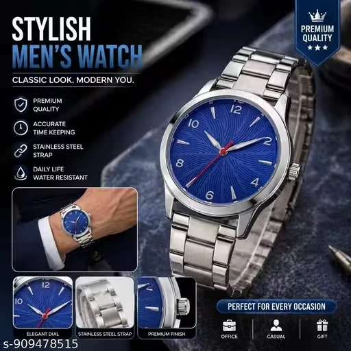 Men's Premium Silver Stainless Steel Round Blue Dial Wrist Watch