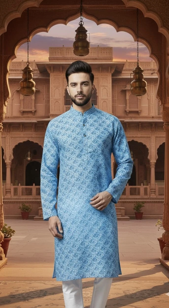 Sky Blue Floral Printed Straight Kurta for Men