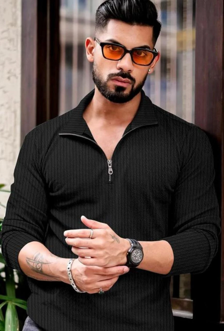 Men's White Collar T-shirt with Zip, Long Sleeve, Ribbed Texture, Trendy men's T-shirt