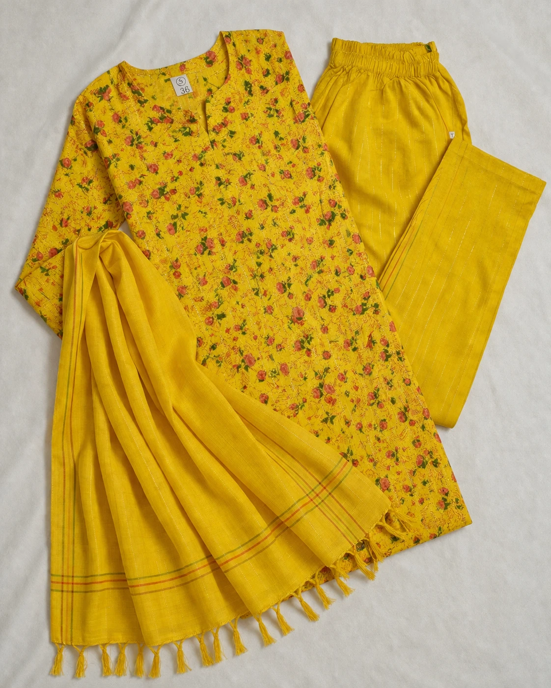 Yellow Floral Printed Cotton Kurta Set with Dupatta & Pant – Ethnic Wear for Women
