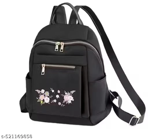 Trendy Women's Stylish Black Backpack with Floral Embroidery