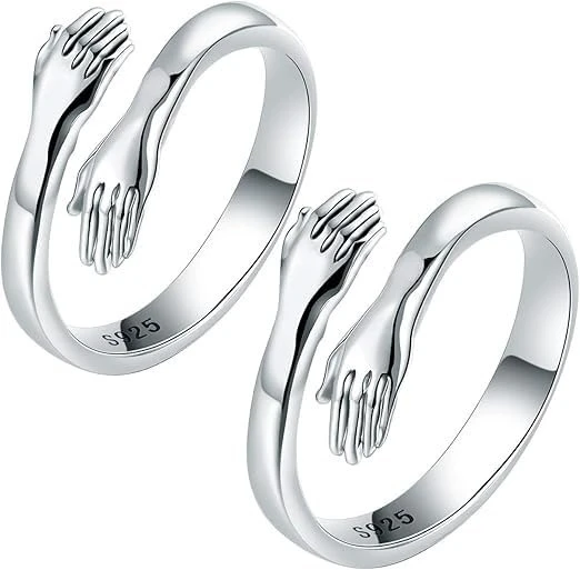 Silver Hugging Hands Couple Rings, Adjustable Love Promise Bands for Men & Women, Sterling Silver