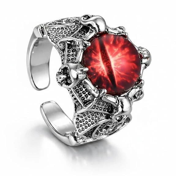 Gothic Dragon Skull Ring with Red Evil Eye Stone, Adjustable Silver Finish Stainless Steel, Statement Ring for Men and Women