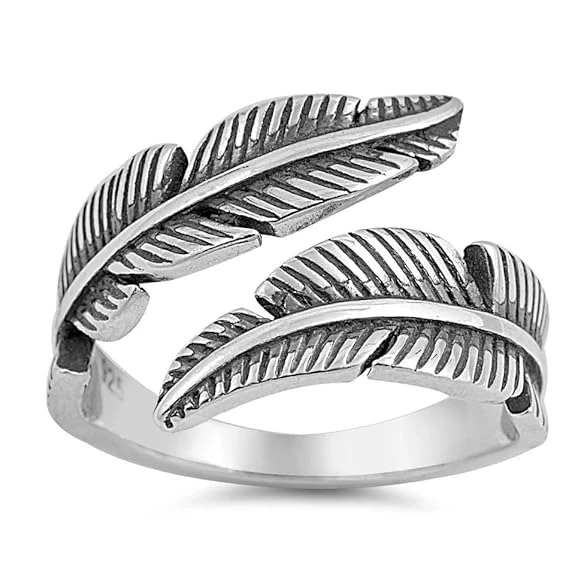 Vintage Style Feather Ring, Antique Silver, Adjustable Open Band, Boho Leaf Design