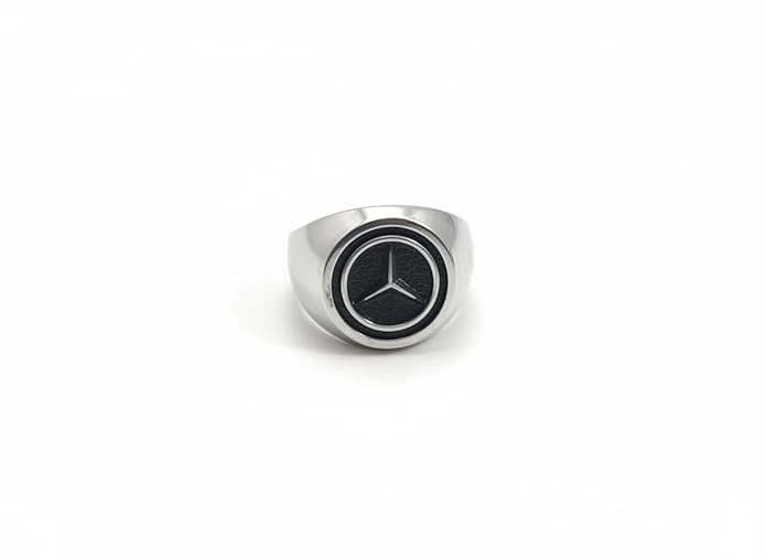 Men's Ring, Stainless Steel Statement Band with Black Logo Design, Silver