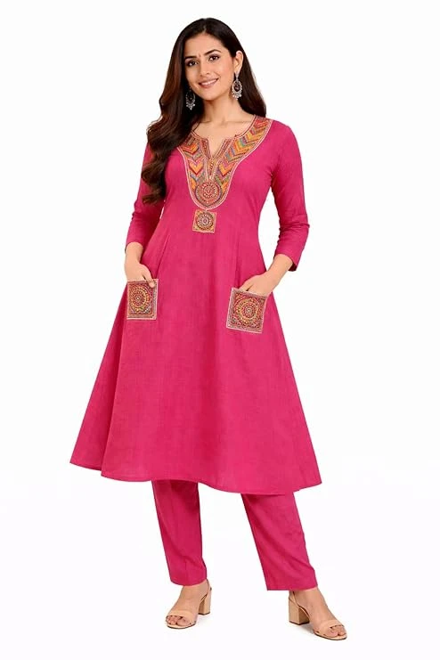 Women’s Cotton A-Line Kurta Pant Set with Embroidered Neck Design, 3/4 Sleeves