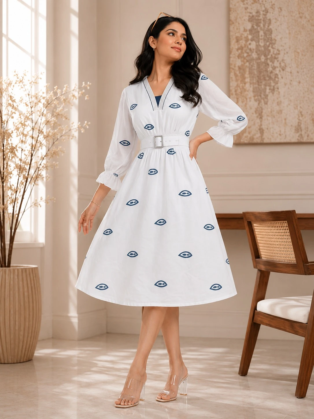 Women’s Printed A-Line Kurta Dress with Belt | Elegant Casual Midi Dress for Women