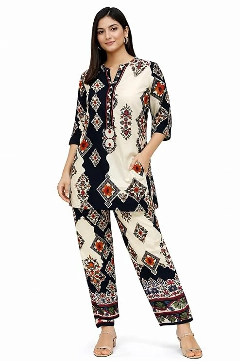 Printed Kurta Pant Set for Women | Geometric & Floral Design | 3/4 Sleeve Straight Fit Ethnic Wear for Casual & Festive Use
