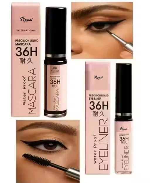 H&N 36H Waterproof Mascara & Eyeliner Combo | Long Lasting Smudge Proof Eye Makeup Set (Black)