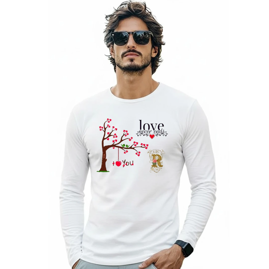 Men’s PolyCotton Full Sleeve Printed T-Shirt | Love Never Ends Graphic White Casual Wear Tee for Men