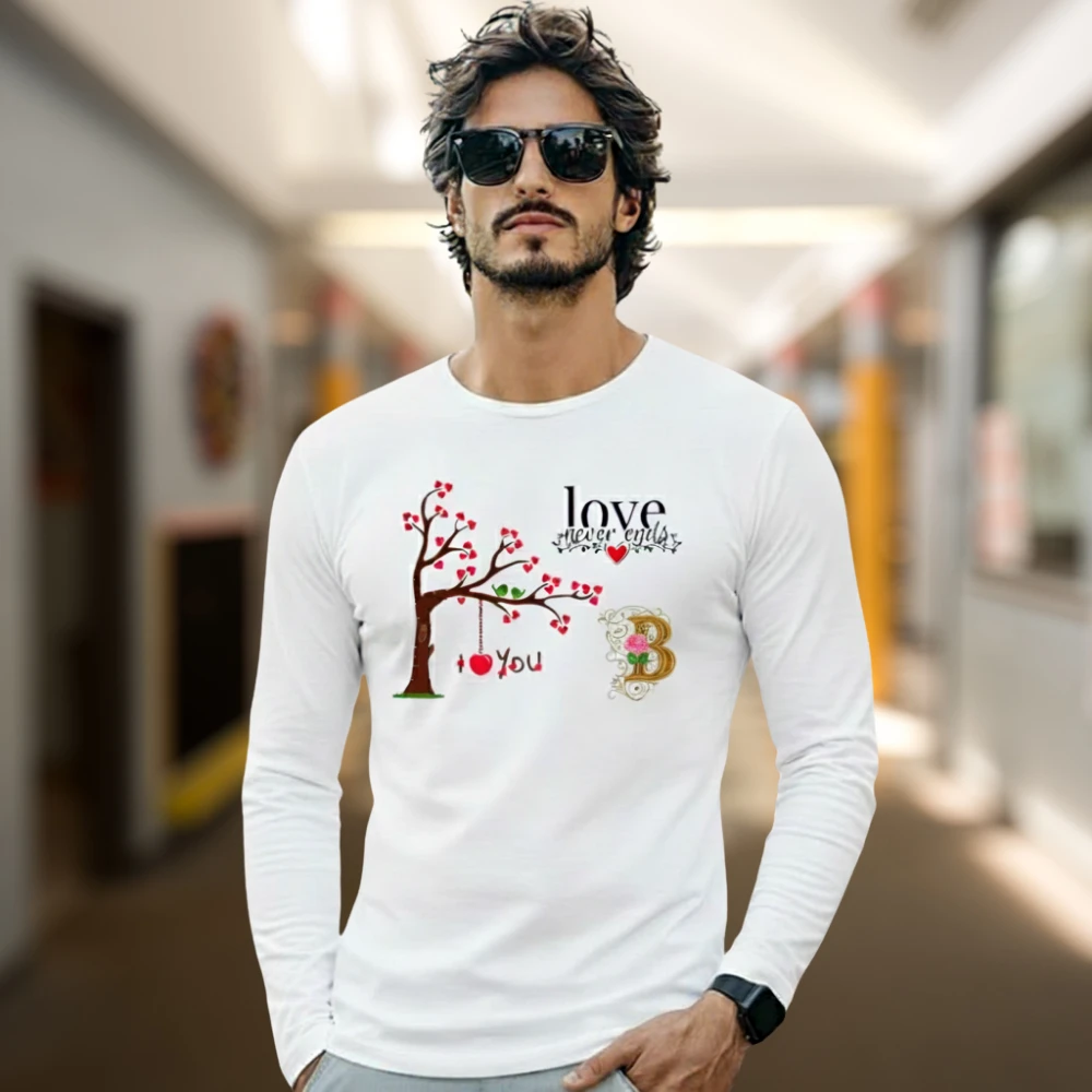Men’s PolyCotton Full Sleeve Printed T-Shirt | Love Never Ends Graphic White Casual Wear Tee for Men