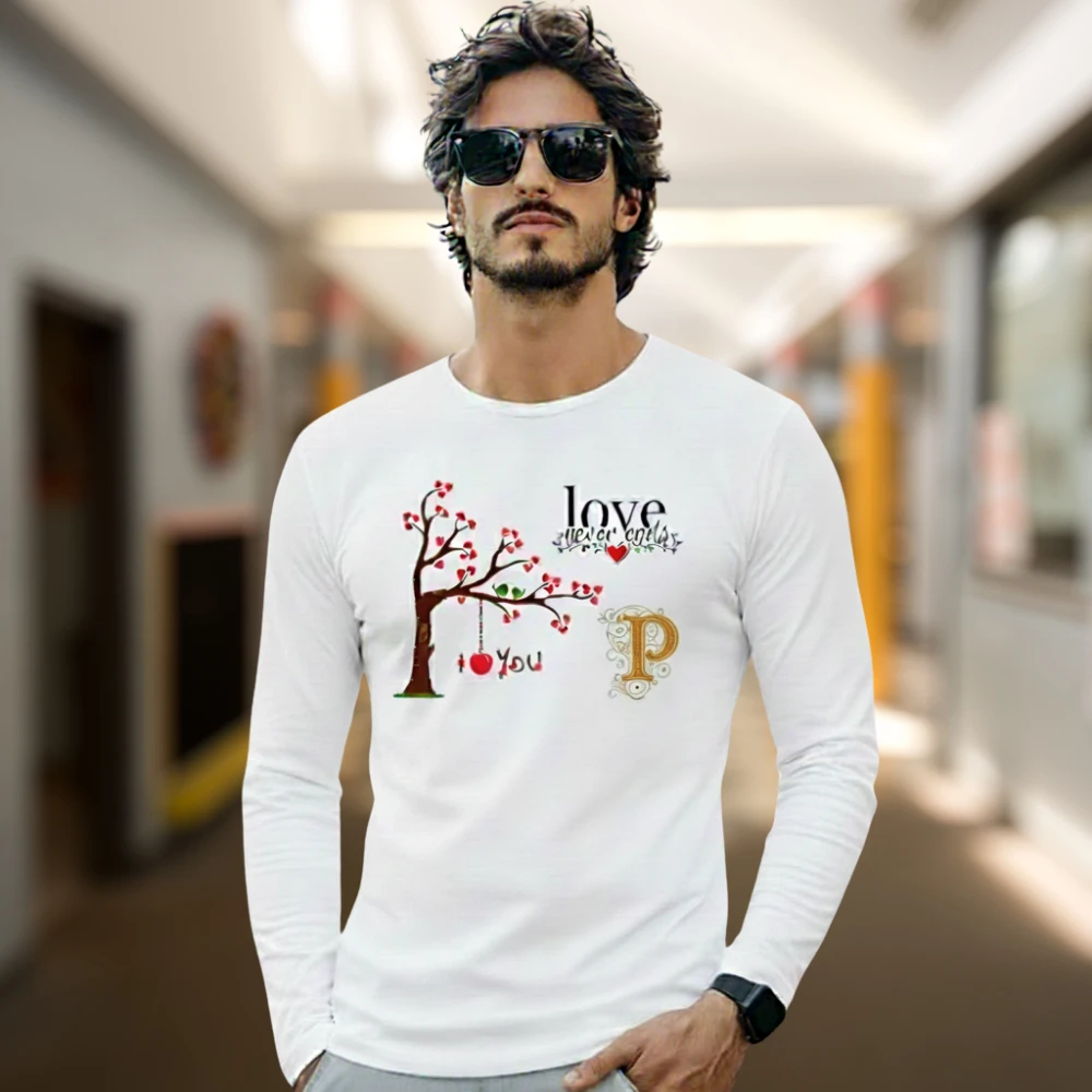 Men’s PolyCotton Full Sleeve Printed T-Shirt | Love Never Ends Graphic White Casual Wear Tee for Men