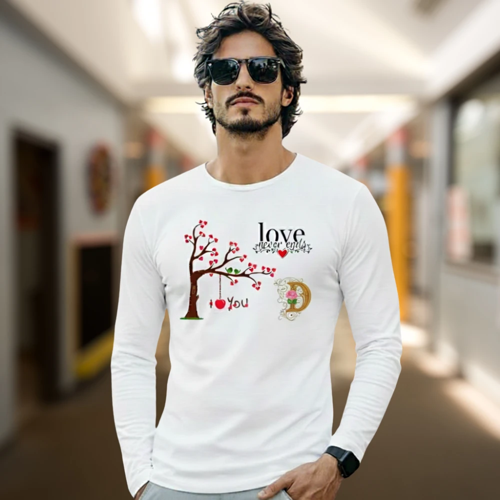 Men’s PolyCotton Full Sleeve Printed T-Shirt | Love Never Ends Graphic White Casual Wear Tee for Men
