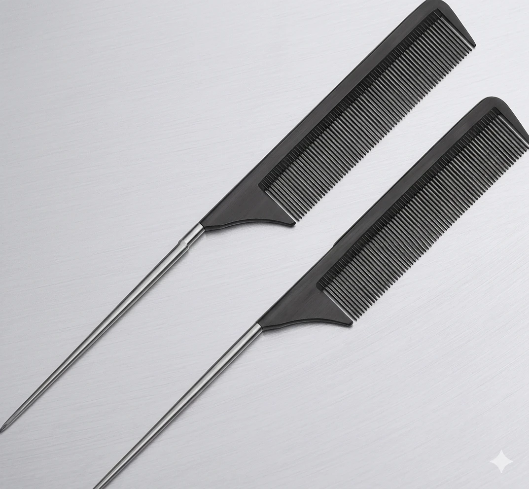 Professional Metal Pin Tail Comb for Hair Styling, Sectioning & Parting - Black (Pack of 2)