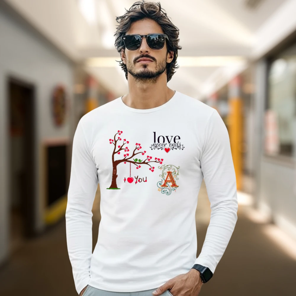 Men’s PolyCotton Full Sleeve Printed T-Shirt | Love Never Ends Graphic White Casual Wear Tee for Men