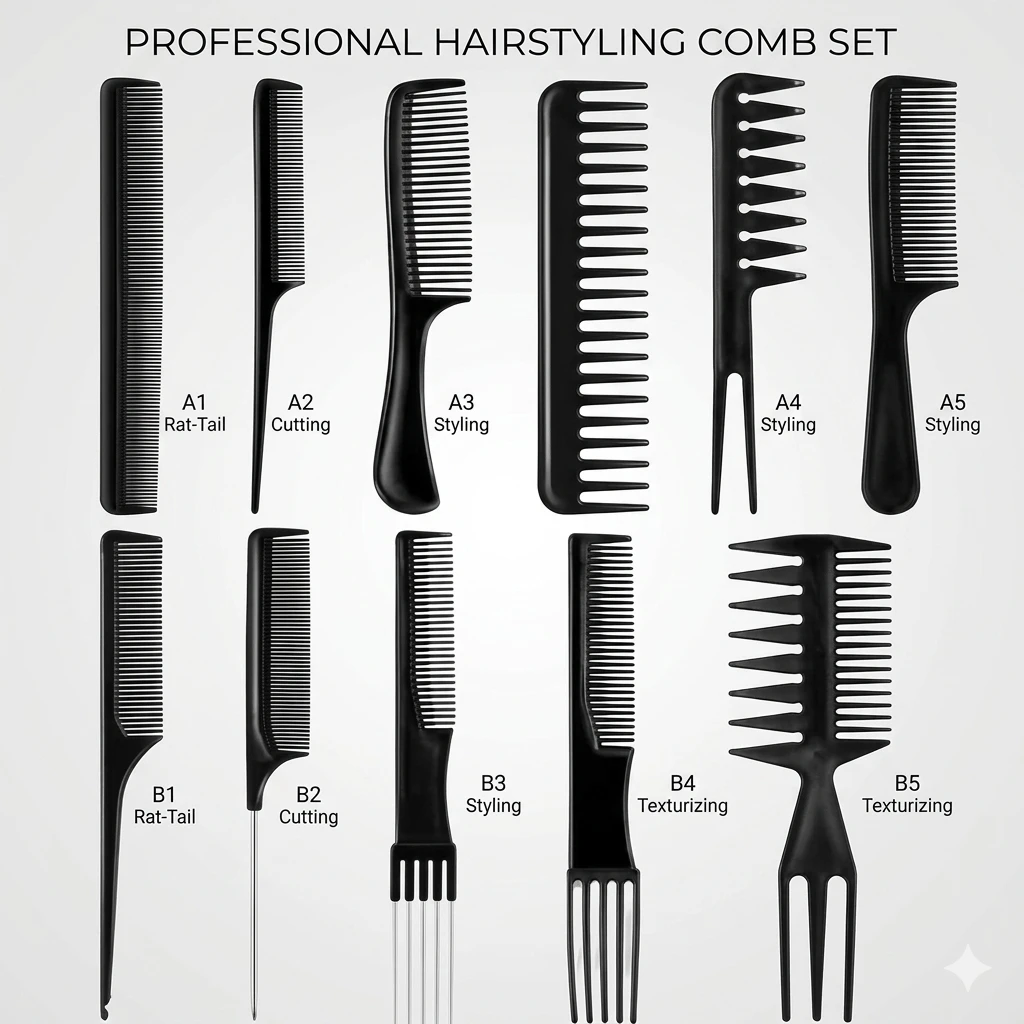 Professional Hair Comb Set for Styling, Detangling and Sectioning - Black (Pack of 10)
