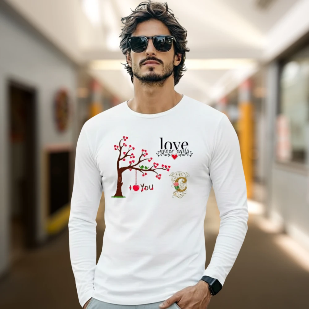 Men’s PolyCotton Full Sleeve Printed T-Shirt | Love Never Ends Graphic White Casual Wear Tee for Men