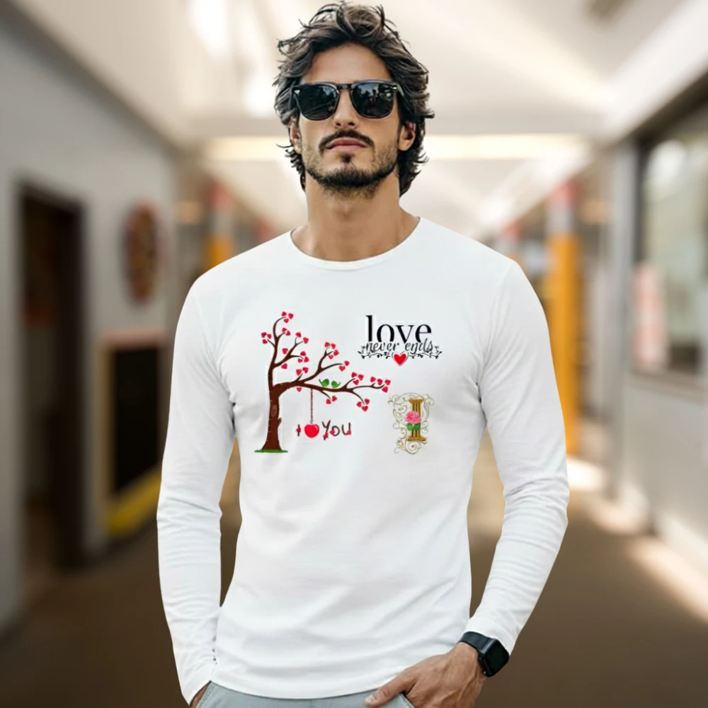 Men’s PolyCotton Full Sleeve Printed T-Shirt | Love Never Ends Graphic White Casual Wear Tee for Men