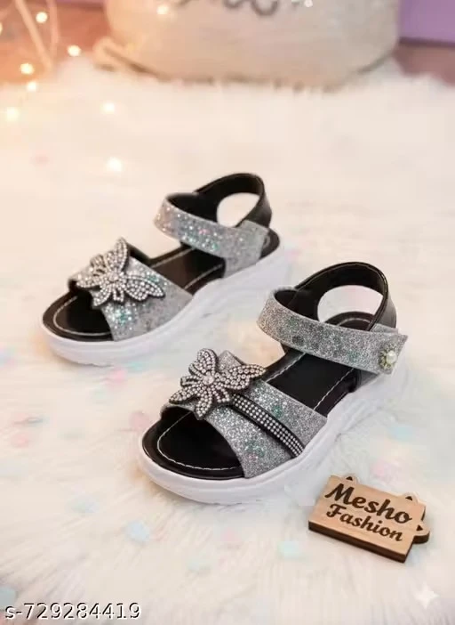 Kids Stylish Party Wear Sandal Stylish Girls Silver Glitter Butterfly Sandals with Ankle Strap