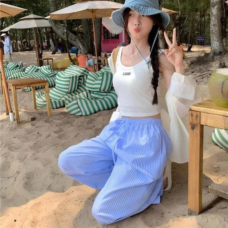 Blue Stripe Palazzo Pants for Women Casual Wear