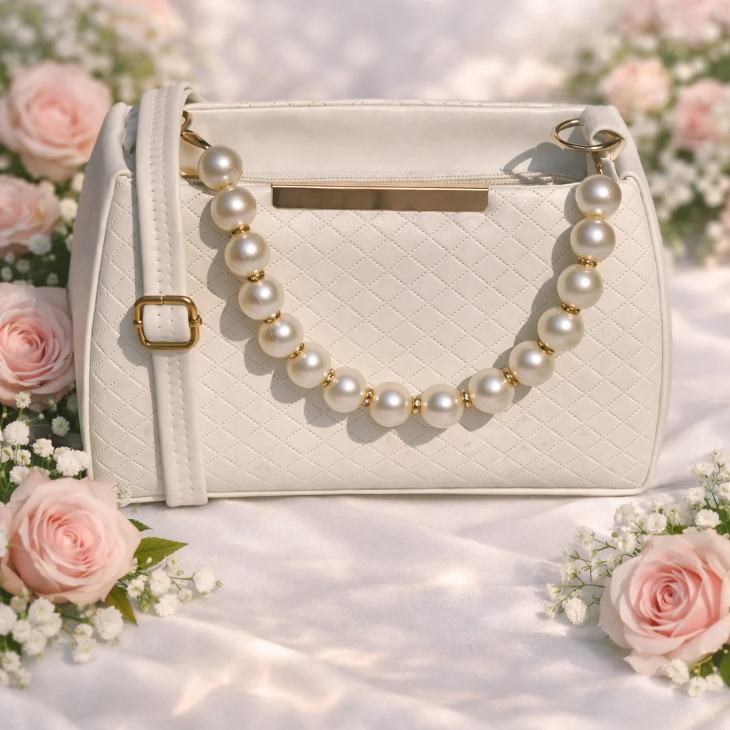 TRENDY WHITE HANDBAG WITH PEARLS