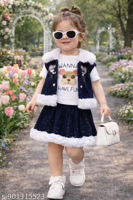 Babye Girls Cute 3-Piece  Dress Set with  Jacket & Skirt