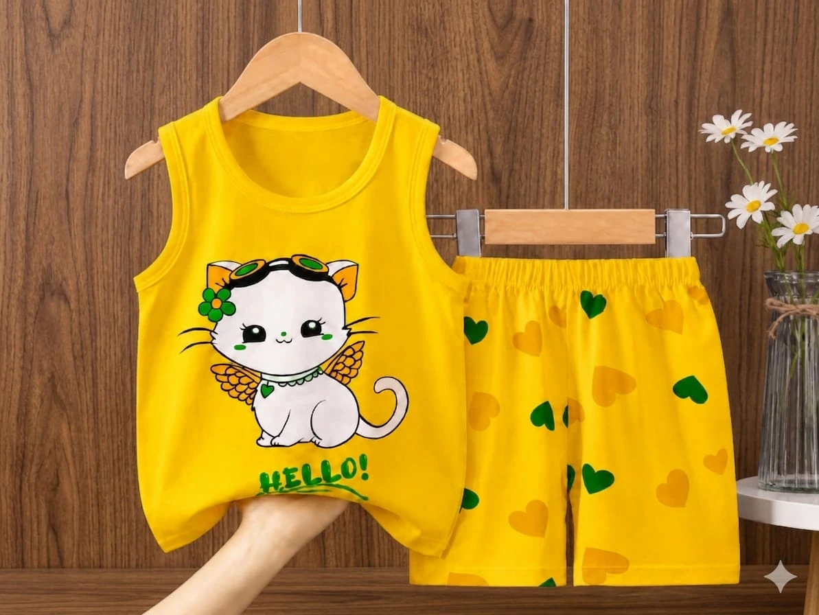 Cute Kitty Printed Kids Summer Co-Ord Set for Baby Girls | Sleeveless T-Shirt & Shorts Dress Set | Yellow Casual Wear Outfit