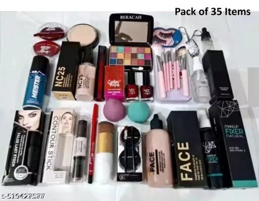 ranen+compact+2lipstick+eyelashes+curler+serum+primer+7pc pink brush+2nail paint+5in1 lipstick+nc25+deo body spray 40ml+3in1 macara eyeliner pencil+36h+contour stick+multicolour lipliner+foundation brush+2puff+long lasting 2in1 gel eyeliner black, brown+f