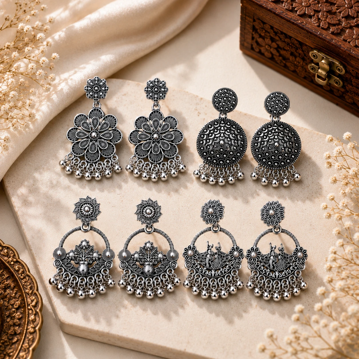 Stylish Oxidised German Silver Earrings Set of 4 for Women & Girls | Traditional Ethnic Bohemian Tribal Jhumki Chandbali Drop Earrings for Festive & Party Wear