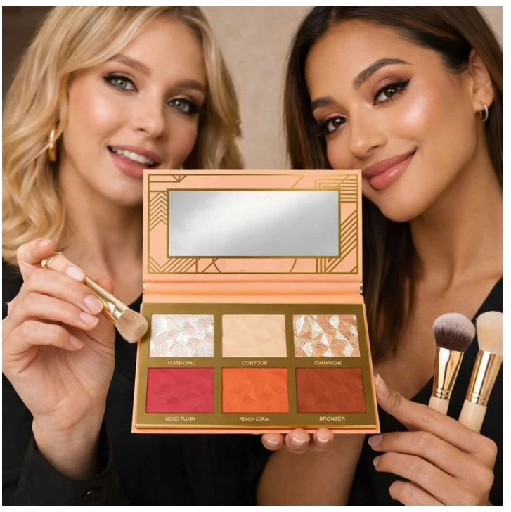 B INIK Face Highlighter Palette with Mirror, 6 Shades including Flash Opal, Contour, Champagne, Mood Blush, Peach Coral, Bronzer