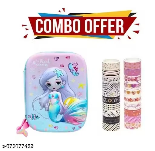 Mermaid Pencil case and 20 Pcs Washi Tape Set Decorative Japanese Masking Paper Tape for Scrapbooking, Planners, Card/Gift Wrapping, DIY Decor and Craft Supplies Multicolor Printed Design