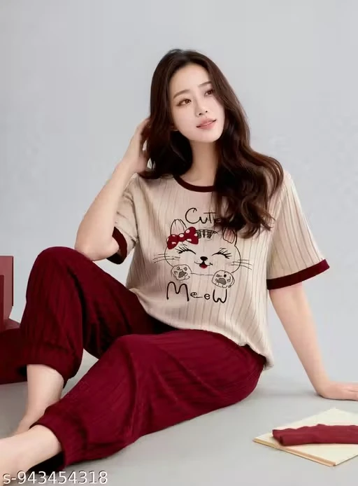 Women Cute Cat Print Night Suit Set | Half Sleeve T-Shirt & Pajama Lounge Wear