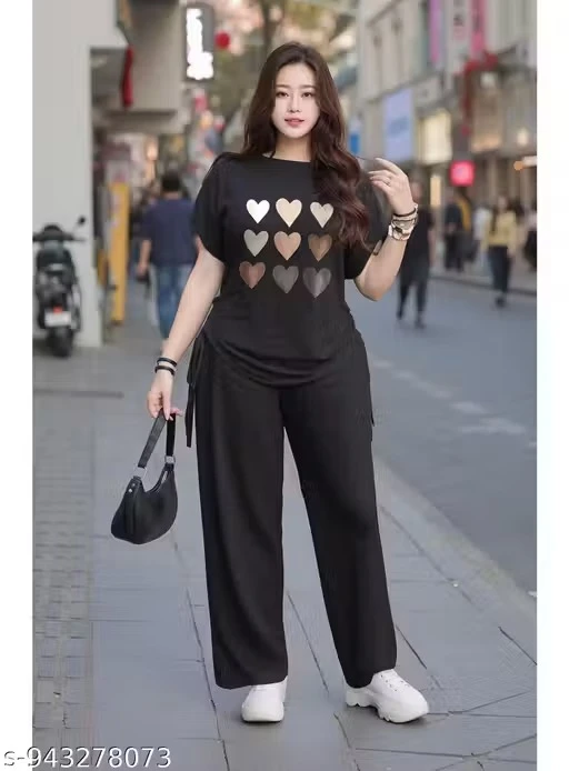 Women Maroon Heart Print Co-Ord Set | Oversized Top & Wide Leg Palazzo Pants for Women | Stylish Casual Lounge Wear