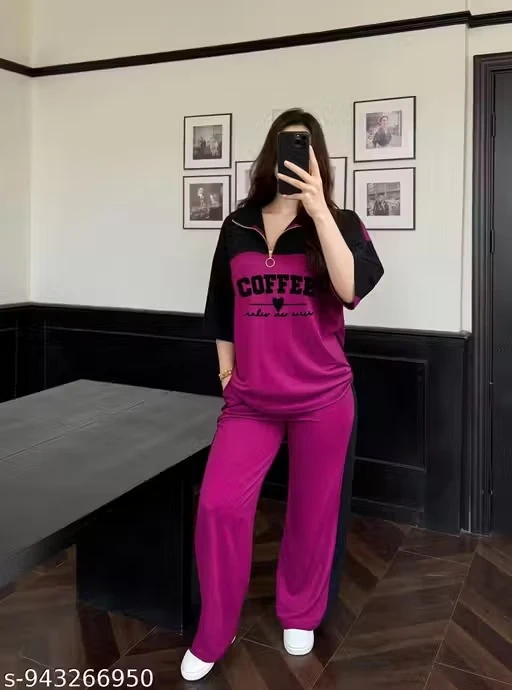 Women Coffee Print Co-Ord Set | Half Sleeve Zip Neck Lounge Wear Tracksuit for Women | Casual Stylish Two Piece Outfit