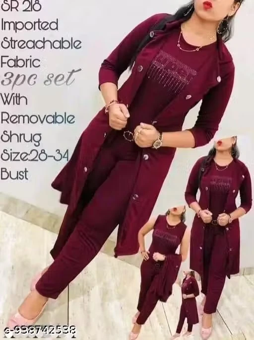 Women Imported 3-Piece Co-ord Set with Removable Shrug – Stretchable Top, Pant & Shrug Stylish Outfit for Women & Girls
