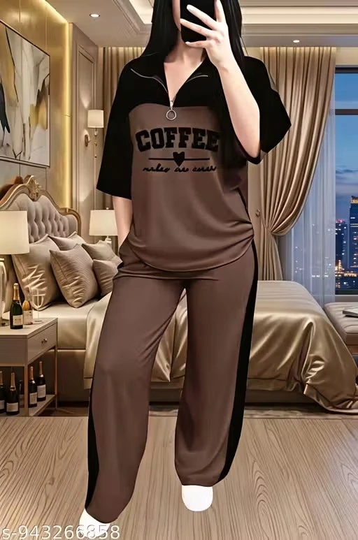 Women Coffee Print Co-Ord Set | Half Sleeve Zip Neck Lounge Wear Tracksuit for Women | Casual Stylish Two Piece Outfit