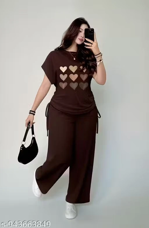 Women Maroon Heart Print Co-Ord Set | Oversized Top & Wide Leg Palazzo Pants for Women | Stylish Casual Lounge Wear
