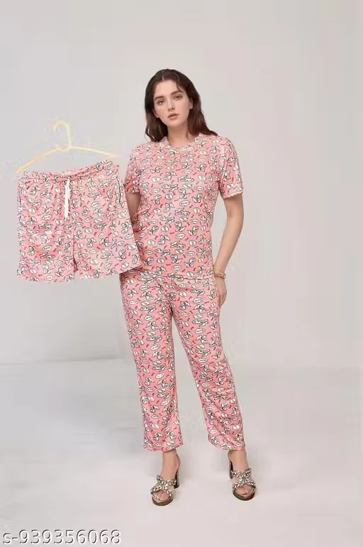 Women Cartoon Print Night Suit Combo Set | Top, Pyjama & Shorts Set for Women | Soft Lounge Wear Sleepwear
