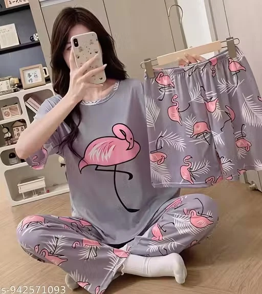Women Cute Teddy Bear Printed Night Suit Set | Soft Half Sleeve T-Shirt & Pyjama Set for Girls & Women | Daily Wear Sleepwear Co-ord Set
