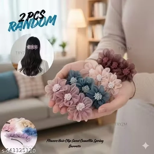 PACK OF 2 PCS RANDOM Elegant Gauze Flowers Hair Clip Sweet Camellia Spring Barrette for Women Girls Delicate Wedding Hair