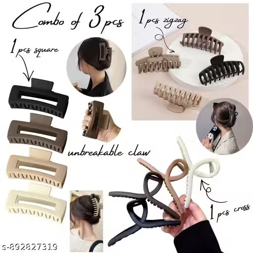 PACK of 3 pcs combo Strong Hold Clamps for Thick Thin Hair, Matte Nonslip Jaw Clips, Neutral Butterfly Claw, Styling, Hair Accessories, Ponytail Holder, Multicolor