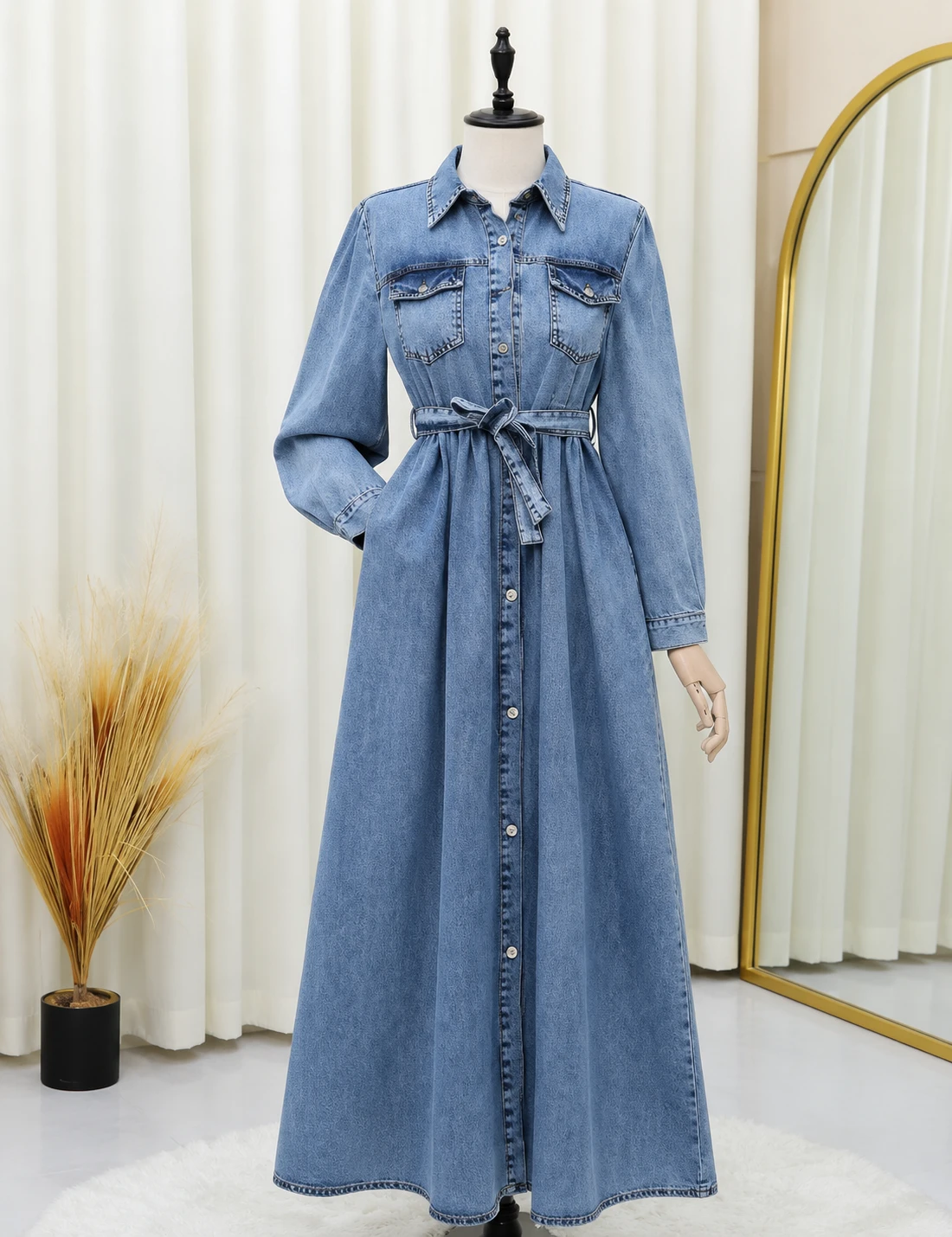 Women’s Blue Denim Button-Down Midi Dress with Tie-Up Belt – Elegant Casual Western Dress