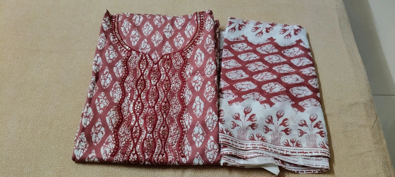 Red Printed Cotton Dress Material for Women Set