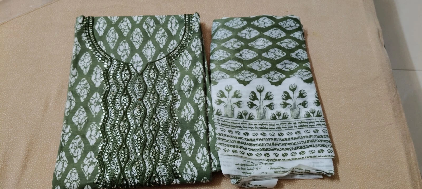 Green Printed Cotton Dress Material for Women Set